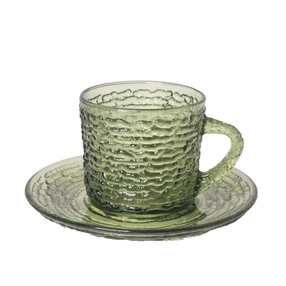 Vintage Avocado Green Anchor Hocking Soreno Glass Cup & Saucer, 6 oz (1966-70)